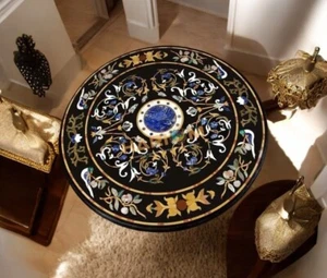 30" Round Marble Black Coffee Table Semi Precious Stone Inlay Countertop Decors - Picture 1 of 8