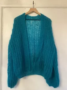 VTG Open Knit Wool Mohair Yarn Cardigan Unisex Genderless Camp Hipster Teal Grn - Picture 1 of 14