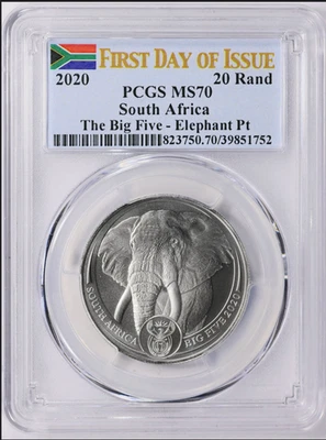 💎 TopPop! FDOI! 2020 South Africa 1 oz Platinum Big Five Elephant PCGS MS70 - Image 1 of 2