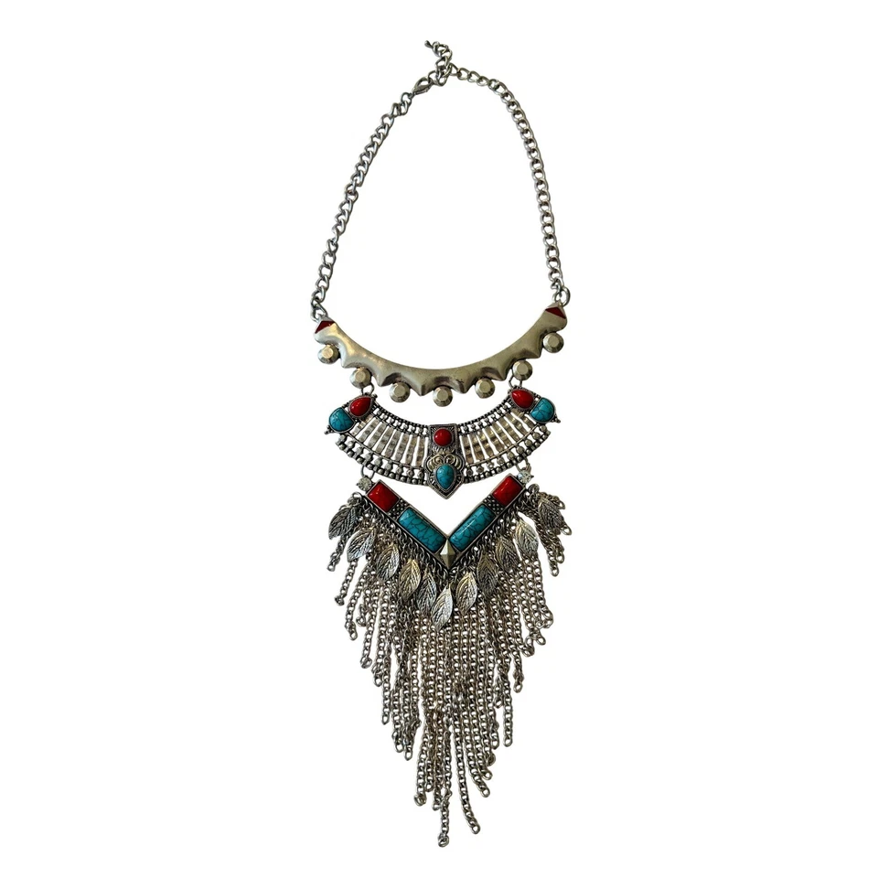 Collar Bohemio Tono Plata Distintivo Turquesa Rojo Gema Colgante Flecos Foto 1 de 4