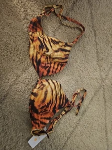 Shade & Shore Women's Triangle Tiger Print Bikini Top Size 34D Orange - Picture 1 of 5