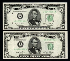 2 Sequential BOSTON 1950 $5 Beautiful GEM UNCIRCULATED Federal Reserve Notes! - Picture 1 of 2