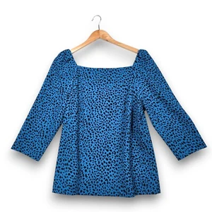 Camisa Top Ann Taylor Azul Teal Negra Lunares Estampado Animal Cuello Cuadrado Mediana - Imagen 1 de 6