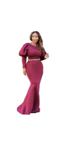 Damen Rundhals Puffärmel Einfarbig Bodycon Maxi Party Cocktail Elegant Kleid - Bild 1 von 6