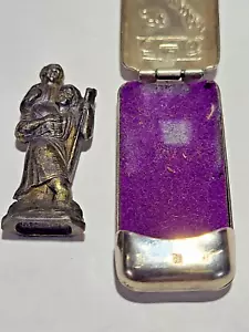 St Cristopher Protect Us Figurine And Metal Case, Pocket Size, 1.5" Tall x 5/8" - Picture 1 of 16