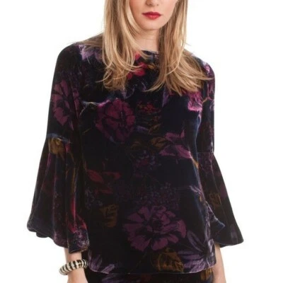 Trina Turk Astral Mezcla Seda Terciopelo Manga Campana Top Talla XS Vino Azul Marino Floral Foto 1 de 4