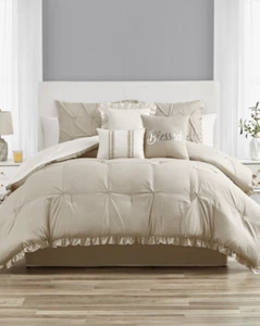 Jessica Sanders Pintuck Ruffled 7 PC Queen Comforter Set Beige w/ Throw Pillows - Picture 1 of 1