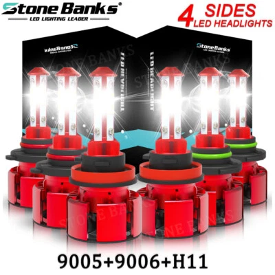 9005+9006+H11 White 4-Side LED Headlight Fog Light Kit 6000K High Low Beam Bulbs Foto 1 de 4