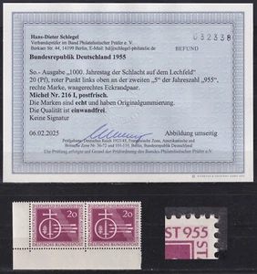 BUND 1955 NR. 216 ECKRAND-PAAR MIT PLATTENFEHLER I ** LUXUS-BEFUND SCHLEGEL BPP - Bild 1 von 1