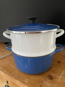Le Creuset 8in Blue Pan With Lid And White Colander Vintage - Picture 1 of 13