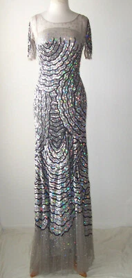 BLUMARINE Sheer Silver Iridescent Sequin Embellished Tulle Dress Gown 42 4  6 - Image 1 of 4