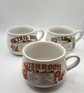 3 x Soup Mugs Bowls Vintage Retro Recipe Onion oxtail mushroom - Picture 1 of 2