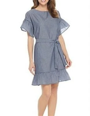 ECI 156824 женщин синий в полоску коротким рукавом оборки кромки платье Sz. Большой - Изображение 1 из 3