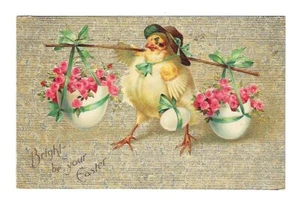 1908 Arte Internacional Postal de Pascua Pollito Llevando Cestas de Huevos con Flores - Repujado - Imagen 1 de 2