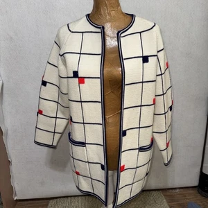 Vintage 80er Lilly of California weiß blau rot Mod Strickjacke Pullover Damen M - Bild 1 von 4