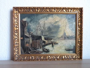 PAISAJE PORTUARIO MARÍTIMO cuadro costero óleo sobre lienzo en marco antiguo - Imagen 1 de 12