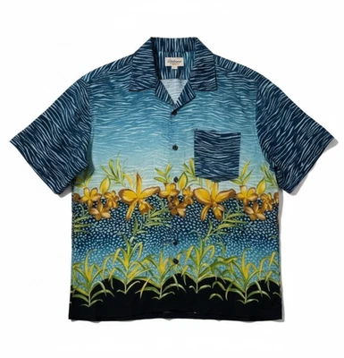 Tulliano Men’s 100% Silk Hawaiian Shirt Size Large – Blue Yellow Orchid Floral - Image 1 of 4