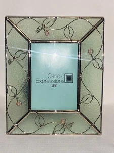 Vintage Enesco Bilderrahmen klar grün getönt Buntglas Draht Blatt rosa Perlen Motiv - Bild 1 von 13