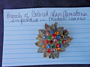 Brooch of Colored Glass Rhinestones in 1.75" Flower and Leaf Design - Picture 1 of 4
