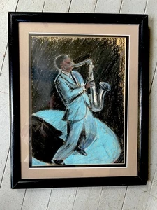 Original Öl Pastell Gemälde Jazz Blues Saxophonspieler Deko Vibe gerahmt Musik - Bild 1 von 6