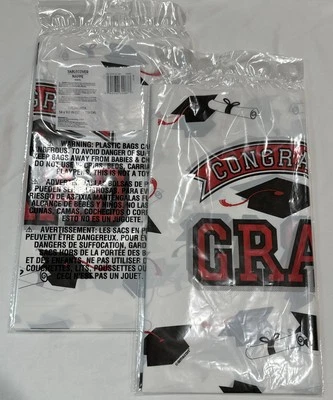 NIOP: 2 Graduation Plastic Tablecloths 54" x 102" Tableware Red/Black/White - Image 1 of 4