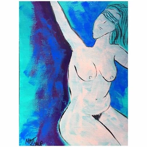 Matt Scalf Akt Frau nackt unter Wasser ORIGINAL GEMÄLDE Acryl auf Papier 9x12 - Bild 1 von 9