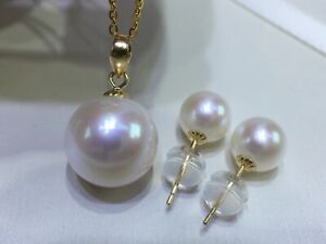 18 k yellow gold 11-12 mm round genuine south sea white pearl pendant earrings