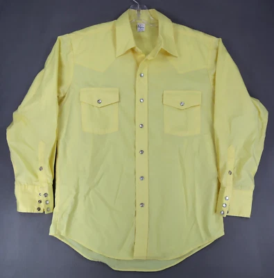 Malco Modes Shirt Mens 16/33 Yellow Pearl Snap Western Pockets Vintage USA Made - Image 1 of 4