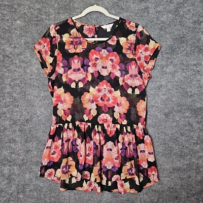 Charmin Charlie Top Womens M Orange Pink Black Floral Tunic Sheer Drop Waist - Image 1 of 4
