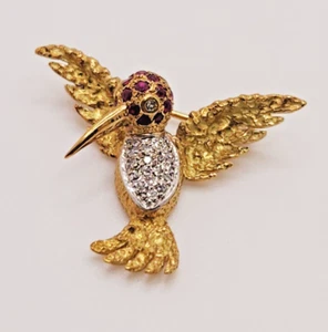 Oro Amarillo 18kt *Pin/Broche Colibrí con Diamantes y Rubíes - Imagen 1 de 18
