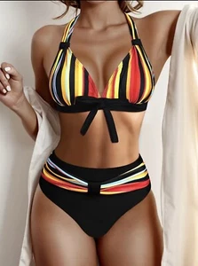 Neu Damen Gestreift Schleife Knoten Bikini Set Medium - Bild 1 von 7