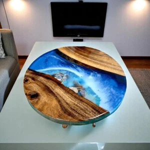30" Ocean Wave Round Resin Epoxy Wood Coffee Table Top Kitchen Furniture Home De - Picture 1 of 10