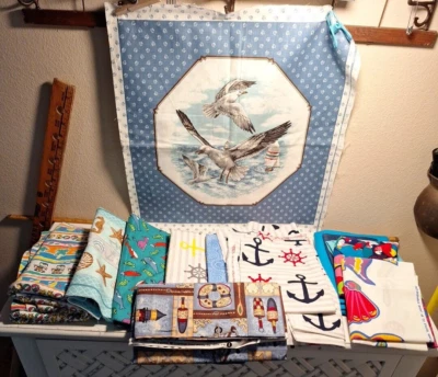 BEACH DESTASH Fabric Lot Cotton Quilt NAUTICAL FISH OCEAN Whale Parrot Tropical - Image 1 of 4