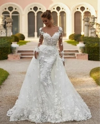 豪华美人鱼婚礼礼服长袖可拆卸火车花边花卉礼服 — 第 1/4 张图片