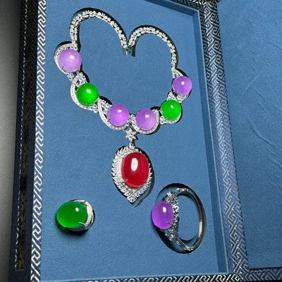 inlay Nature ice multicolor Burmese Jade jadeite necklaces&bracelets&Rings Sets - Image 1 of 4