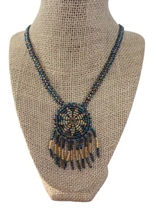 Handcrafted Beaded Necklace Circular Pendant Fringe Design Indian African Zulu - Picture 1 of 4