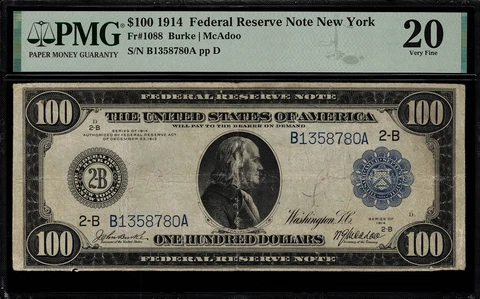 1914 $100 Federal Reserve Note New York FR-1088 - PMG 20 - Very Fine Cover