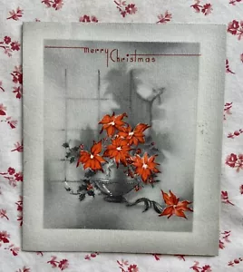 Tarjeta de felicitación vintage de 1930 Feliz Navidad roja Poinsettias en jarrón - Imagen 1 de 4