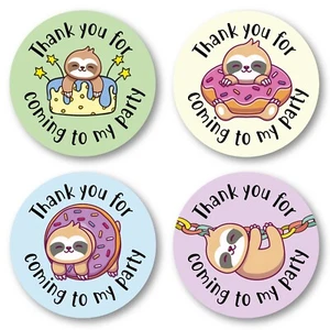40mm Party Sloths "Thank You for Coming to My Party" Round Birthday Stickers - Picture 1 of 1