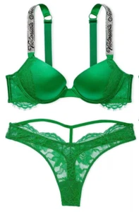 Victoria's Secret Shine Strap Lace Push-Up Bra + Panty Set Green 32B 32C 34B S/M - Picture 1 of 14