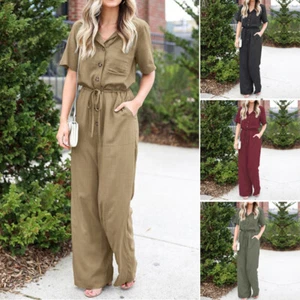 ZANZEA Mujer Verano Dungaree Mono Bolsillos Pierna Ancha Pantalones Largos Monos PLUS - Imagen 1 de 16