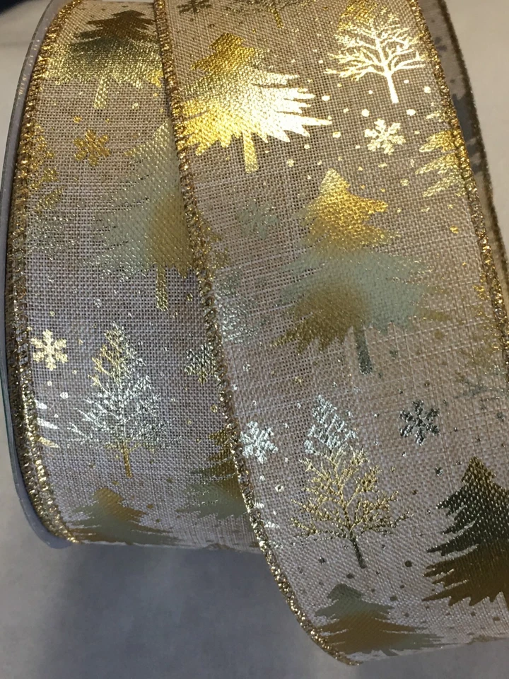 5 yds. WOVEN GOLD PINE TREES SNOWFLAKES WIRE EDGE RIBBON  2 1/2" Wide - Image 1 of 1