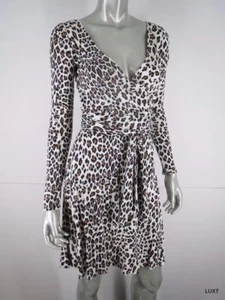 Issa London Wrap Dress Sz 2 XS Silk Knit Tan Leopard Tie Long Slv Cocktail Party - Picture 1 of 12