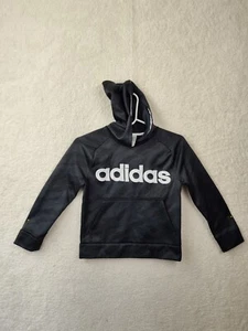 Adidas Boys Sweatshirt Small Black Printed 100% Polyester Hooded Pullover Fit - Picture 1 of 17