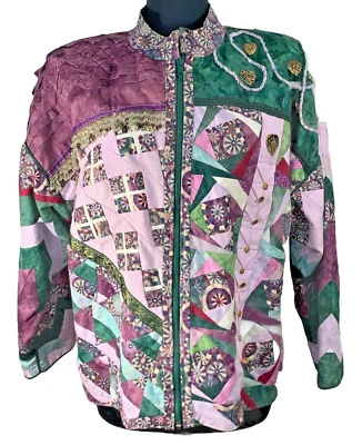 Hand Quilted ARTsy Patchwork Jacket 3X Purple Green Zip Lined Cottage Plus Party - Image 1 of 4