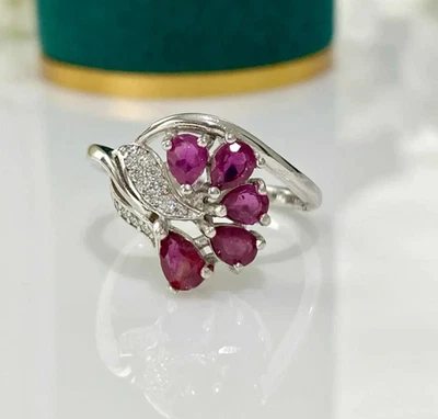 Ruby Engagement Ring Moissanite 925 Sterling Silver Ring Flower Shape Ring - Image 1 of 4