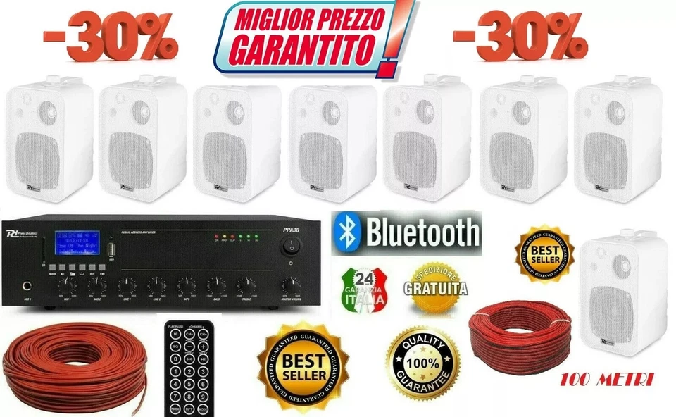IMPIANTO AUDIO FILODIFFUSIONE 100Watt+ 8 Altoparlanti+Bluetooth+100Mt Cavo TOP ! - Immagine 1 di 4