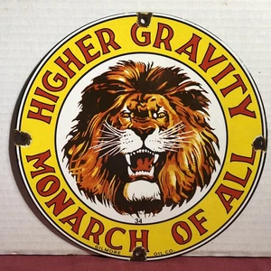 VINTAGE 1934 DATIERT HÖHERE GRAVITATION MONARCH ALLER LÖWEN 10" PORZELLAN GAS ÖL SCHILD - Bild 1 von 7