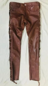 Native American Day Men's Distressed Brown Leather Cowboy Pants Fringes Trousers - Picture 1 of 3