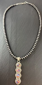 Sterling Silber Navajo Perlen Rosa Dahlie Anhänger Perlenkette - Bild 1 von 9